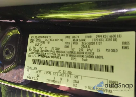 2019 Ford F150 Xl из США, поврежденный, VIN 1FTEW1EP6KFD07074